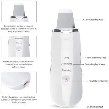 Skin Scrubber Facial Skin Scrubber, Ultrasonic Skin Scrubber Spatula, Electric Blackhead Remover, Facial Cleaner Spatula, 3 Modes Facial Lifting Peeling Tool, Rechargeable Skin Massage Scrubber