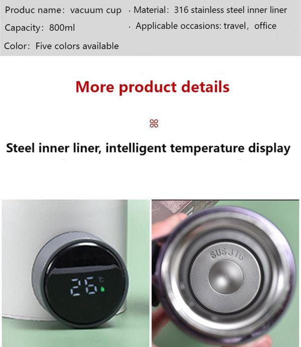 800ml Vacuum Insulated Temperature Display Water Bottle