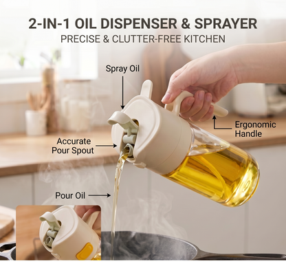 Multi-Function 2-in-1 Oil Spray aur Pour Bottle - Glass Body (1000 ml) 1 liter